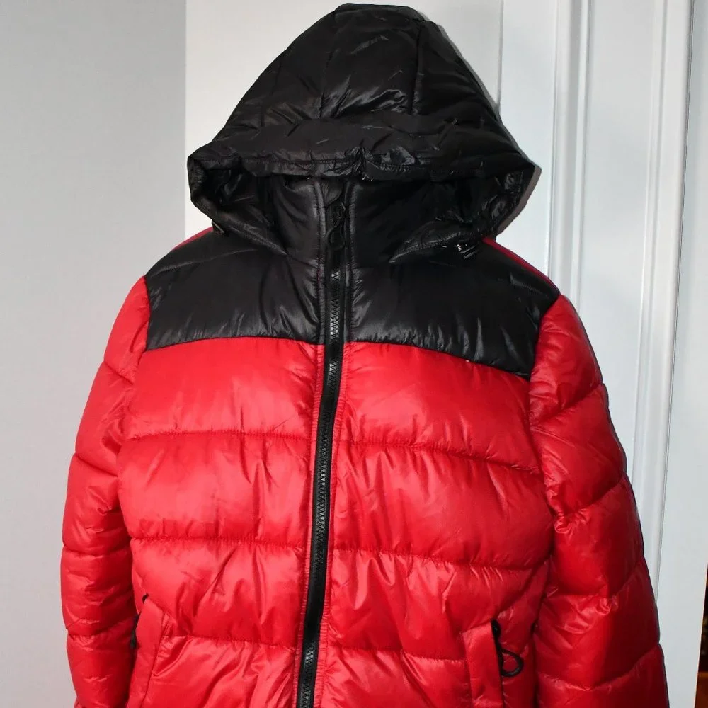 Point Zero Color Block Matte Shine Puffer Jacket in RED Size: LARGE #7958037DL_2